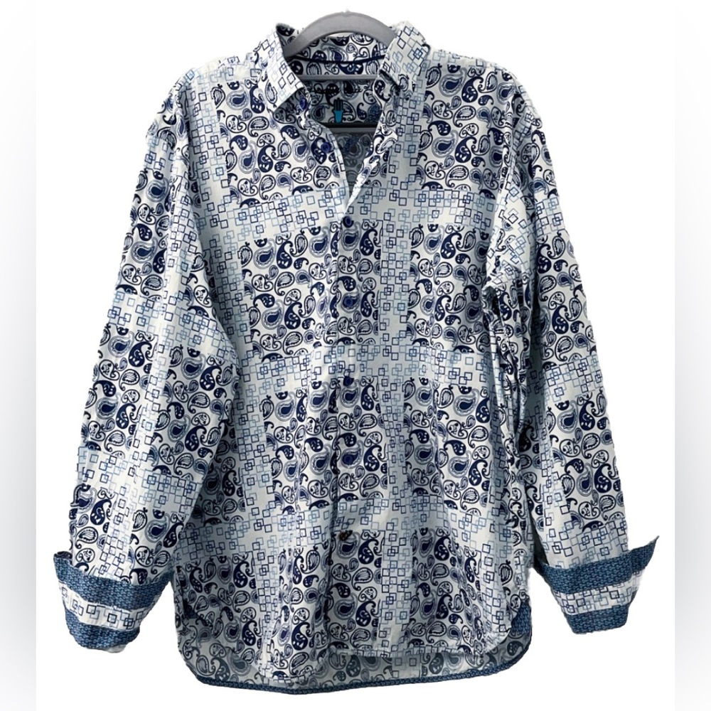 Luchiano Visconti Men’s Paisley Button Down Shirt Blue White Size Large